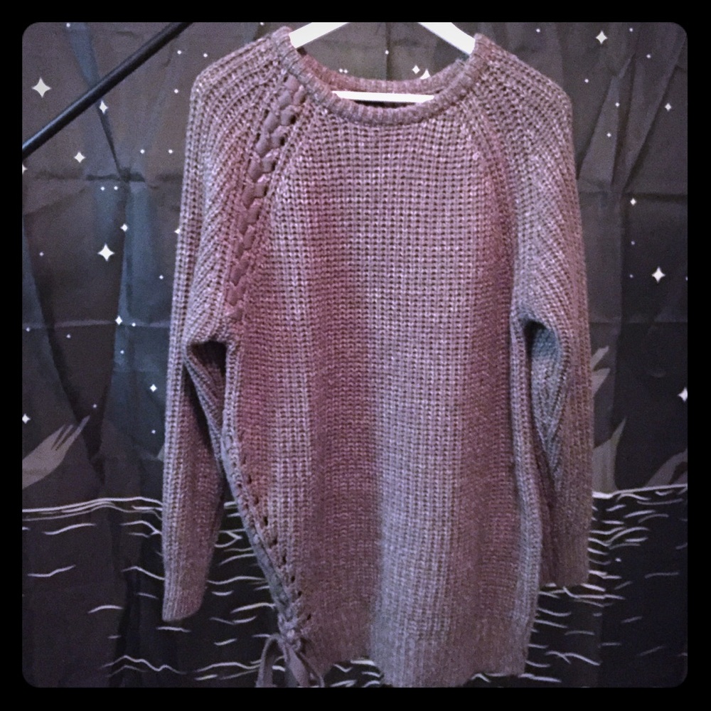 Gray Knit Pullover with Lace-Up Side.